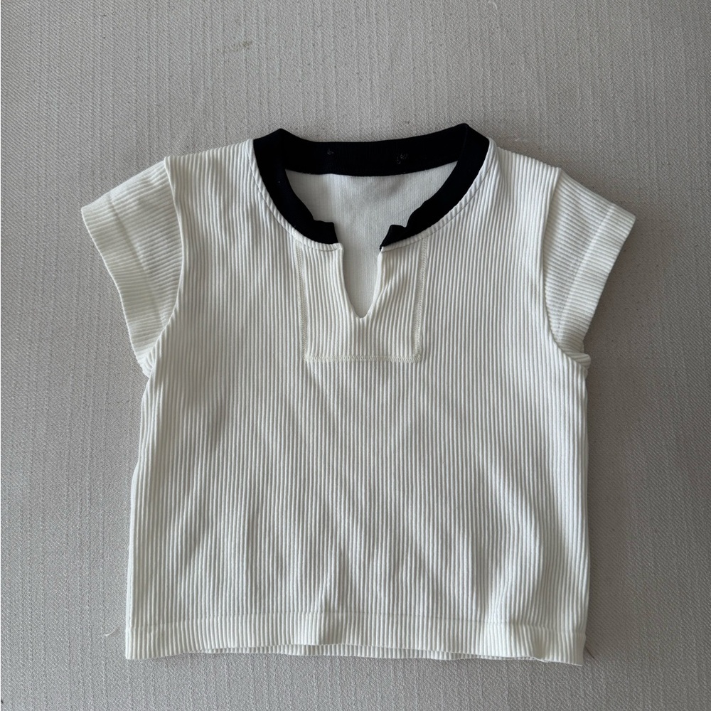 White and Black Crop Top with Ribbed Collar